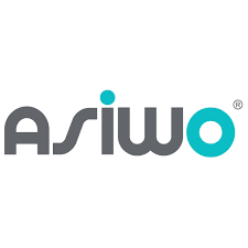 Stylized asiwo logo in gray with turquoise dot over i and o, featuring a registered trademark symbol above the o.