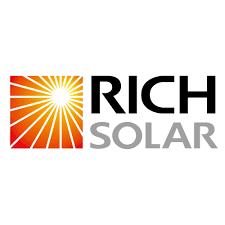 Logo for Rich Solar featuring a stylized sunburst in an orange-to-red square, with RICH in black and SOLAR in gray on the right.