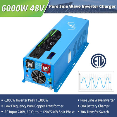 SunGoldPower 6000W DC 48V Split Phase Pure Sine Wave Inverter With Charger (LFP6K48V230VSP)