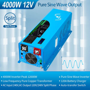 SunGoldPower 4000W Low-Frequency Split-Phase Inverter | Pure Sine Wave | DC 12V to AC 120V/240V (LFP4K12V240VSP)