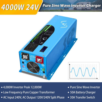 SunGoldPower 4000W DC 24V Split Phase Pure Sine Wave Inverter With Charger (LFP4K24V240VSP)