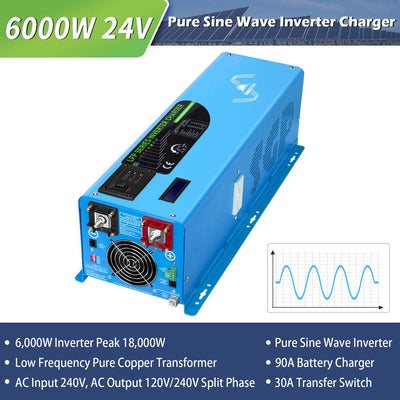 SunGoldPower 6000W DC 24V Split Phase Pure Sine Wave Inverter With Charger (LFP6K24V230VSP)