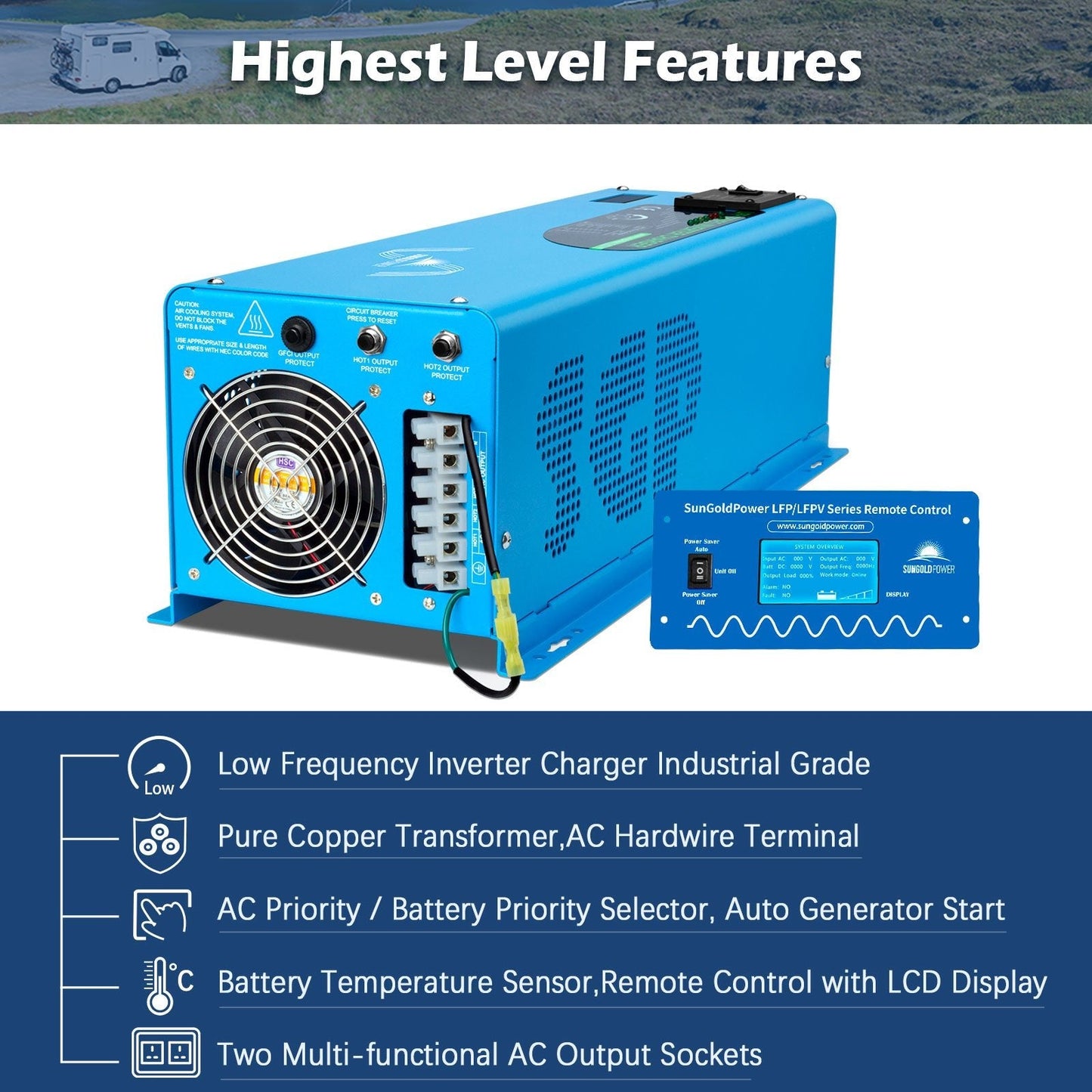 SunGoldPower 6000W DC 48V Split Phase Pure Sine Wave Inverter With Charger (LFP6K48V230VSP)