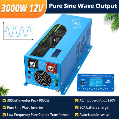 SunGoldPower Off Grid Solar Kit 3000W Inverter 12VDC 120V Output LifePO4 Battery 600 watt Solar Back Up (SGK-PRO3)