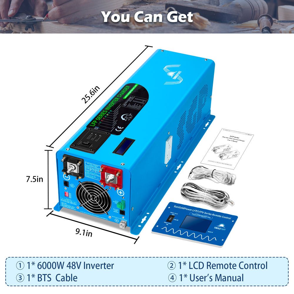 SunGoldPower 6000W DC 48V Split Phase Pure Sine Wave Inverter With Charger (LFP6K48V230VSP)