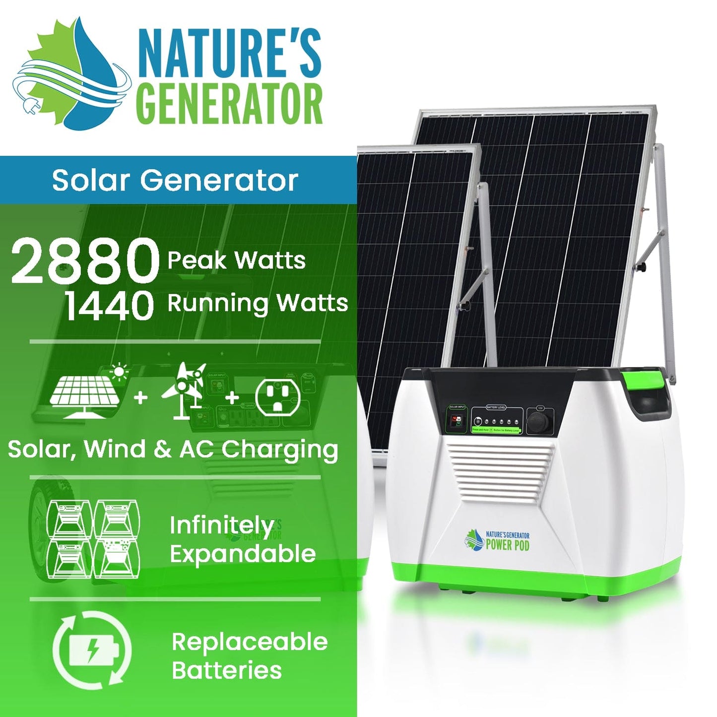 Nature’s Generator - Platinum System | 1800W Solar Generator + Power Pod (GXNGPT)