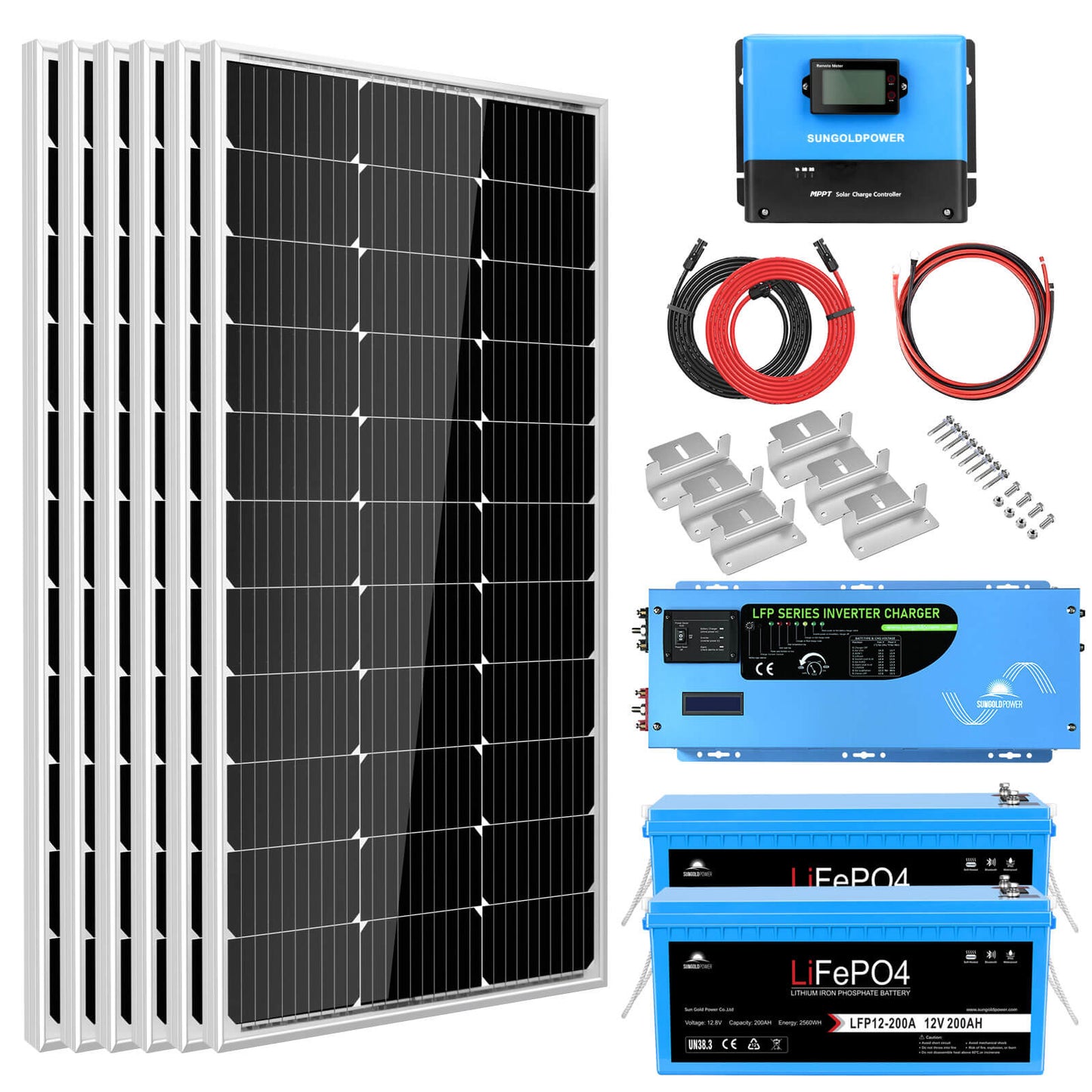 SunGoldPower Off Grid Solar Kit 3000W Inverter 12VDC 120V Output LifePO4 Battery 600 watt Solar Back Up (SGK-PRO3*)