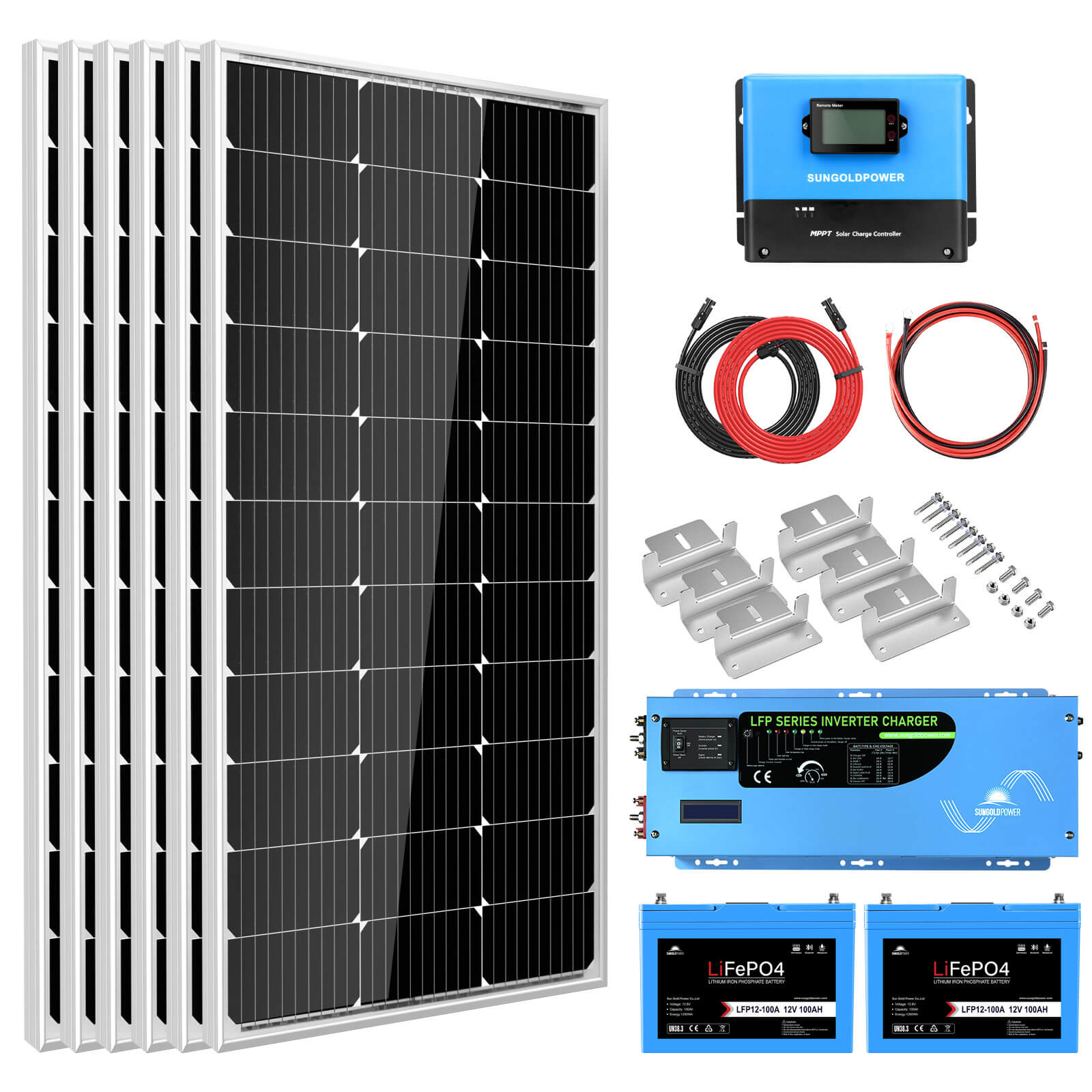 SunGoldPower Off Grid Solar Kit 3000W Inverter 12VDC 120V Output LifePO4 Battery 600 watt Solar Back Up (SGK-PRO3*)