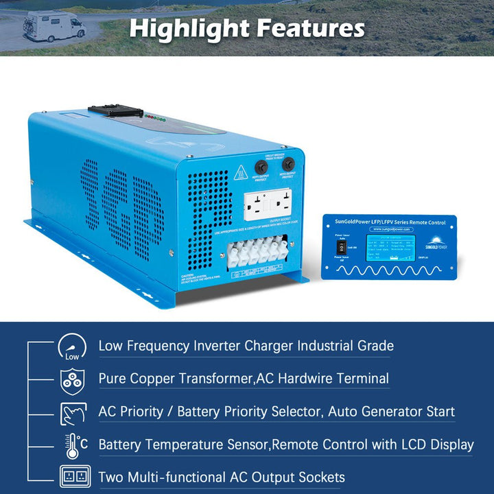 SunGoldPower 4000W DC 24V Split Phase Pure Sine Wave Inverter With Charger (LFP4K24V240VSP)