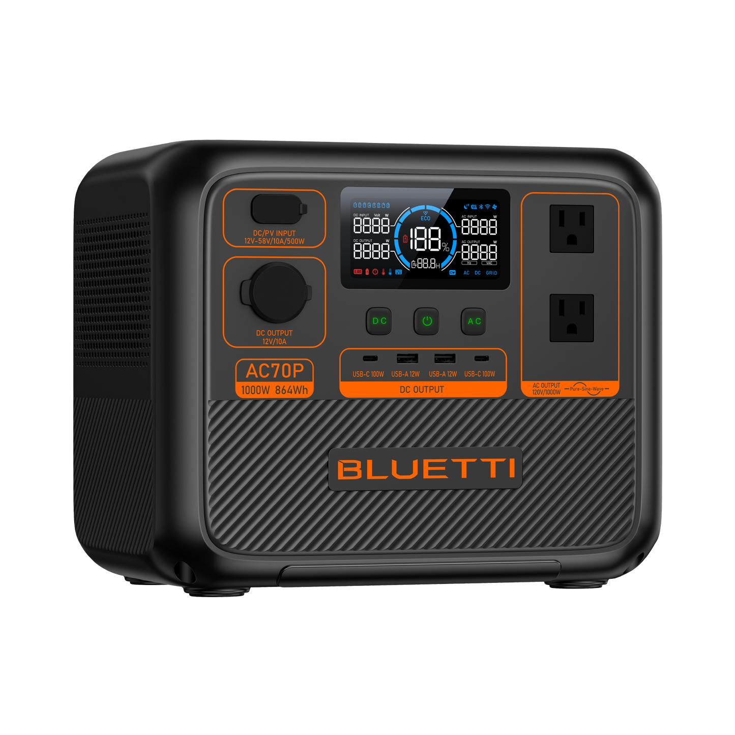 BLUETTI AC70P Portable Power Station 1000W 864Wh (P-AC70P-US-GY-BL-010)