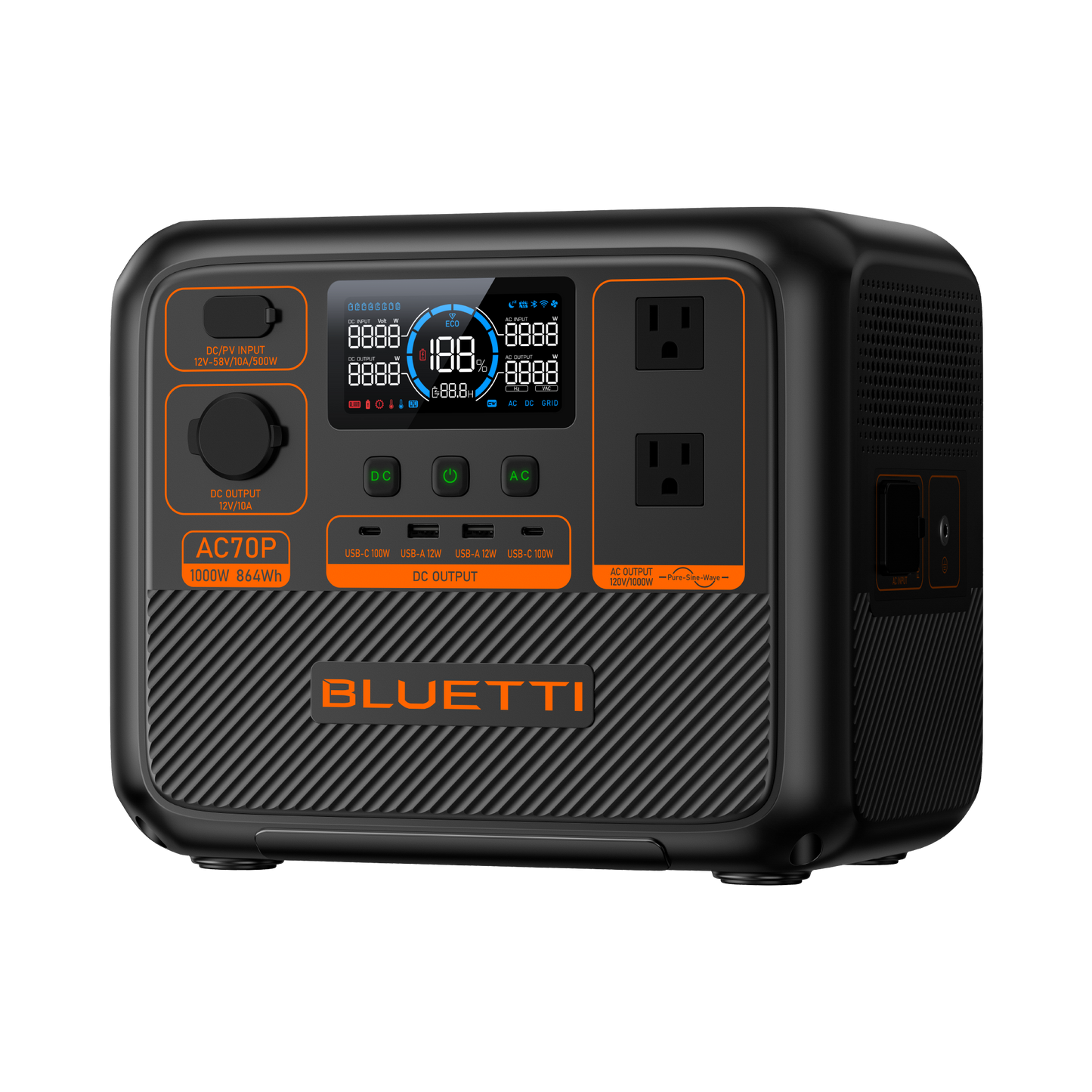 BLUETTI AC70P Portable Power Station 1000W 864Wh (P-AC70P-US-GY-BL-010)