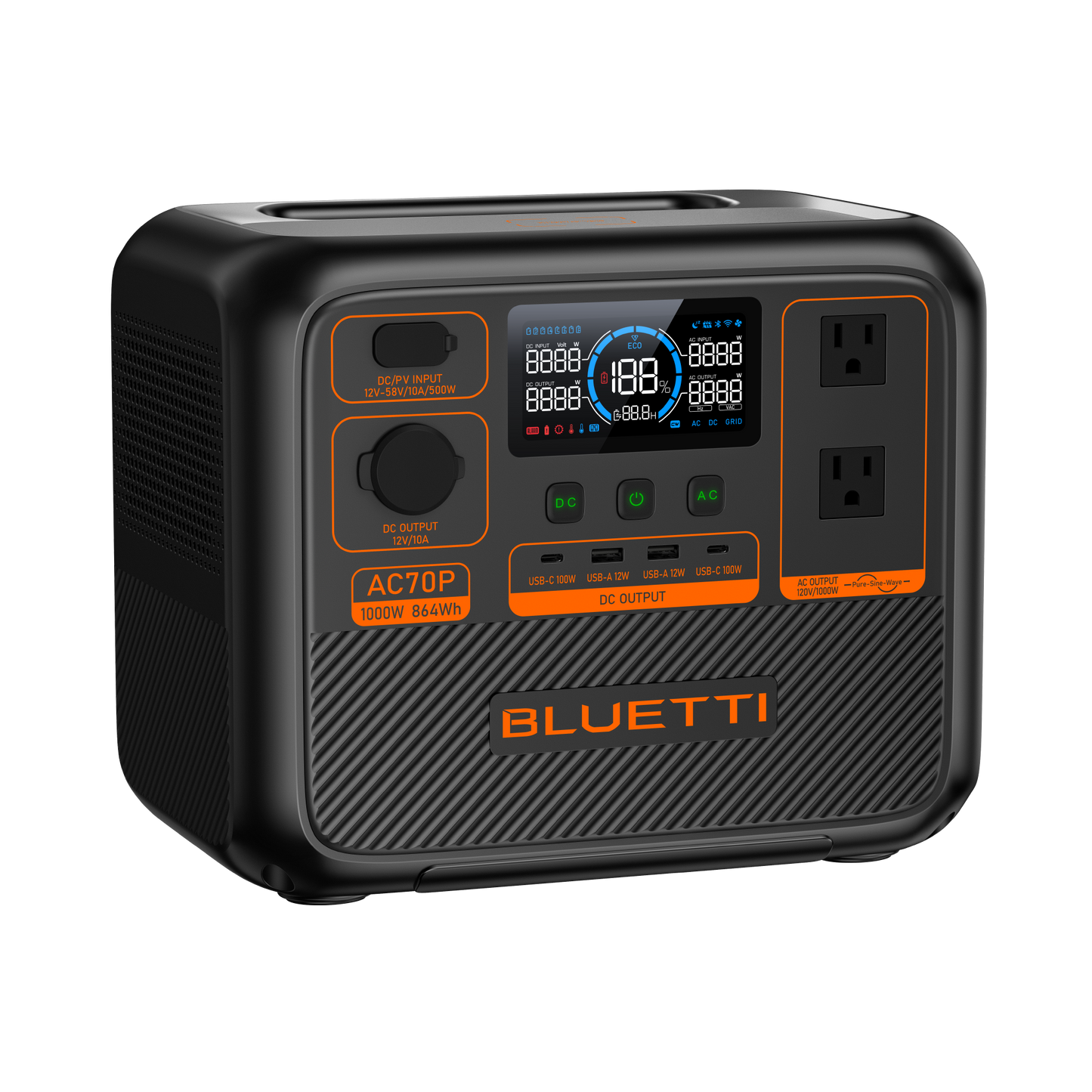 BLUETTI AC70P Portable Power Station 1000W 864Wh (P-AC70P-US-GY-BL-010)