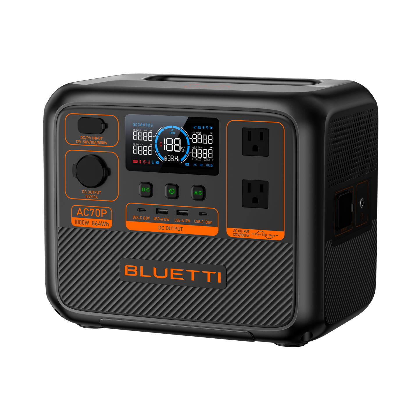 BLUETTI AC70P Portable Power Station 1000W 864Wh (P-AC70P-US-GY-BL-010)