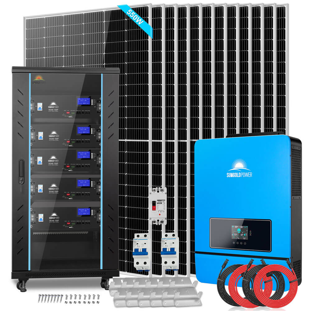 SunGoldPower Off Grid Solar Kit 12 X 550 Watts Solar Panels 25.6kwh Lithium Battery 10KW Solar Inverter 48VDC 120V/240V (SGR-10K25S)